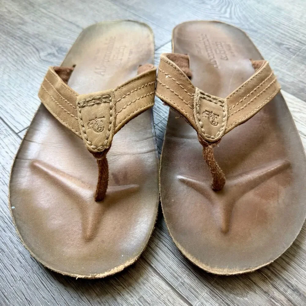 Abercrombie & Fitch Mens Leather Arch Support Flip Flop Sandals Tan